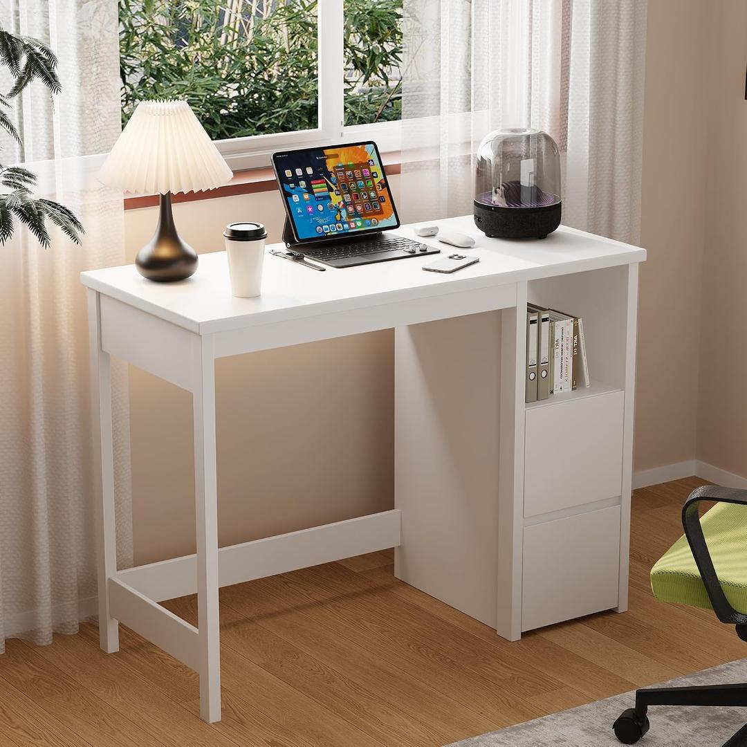 woodtalks Modern Small White Desk with Drawers - 39.3" Wood Desk for Home Office & Study | Makeup White Vanity Desk | Small Computer Desk & Desk for Bedroom, 39.3" x 17.72" x 30"