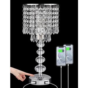 Crystal Table Lamps for Bedroom Nightstand - Touch Bedside Lamps with Two USB Charging Ports Silver, 3 Way Dimmable Small Glam Lamp for Girls, Night Stand Lamp for Living Room