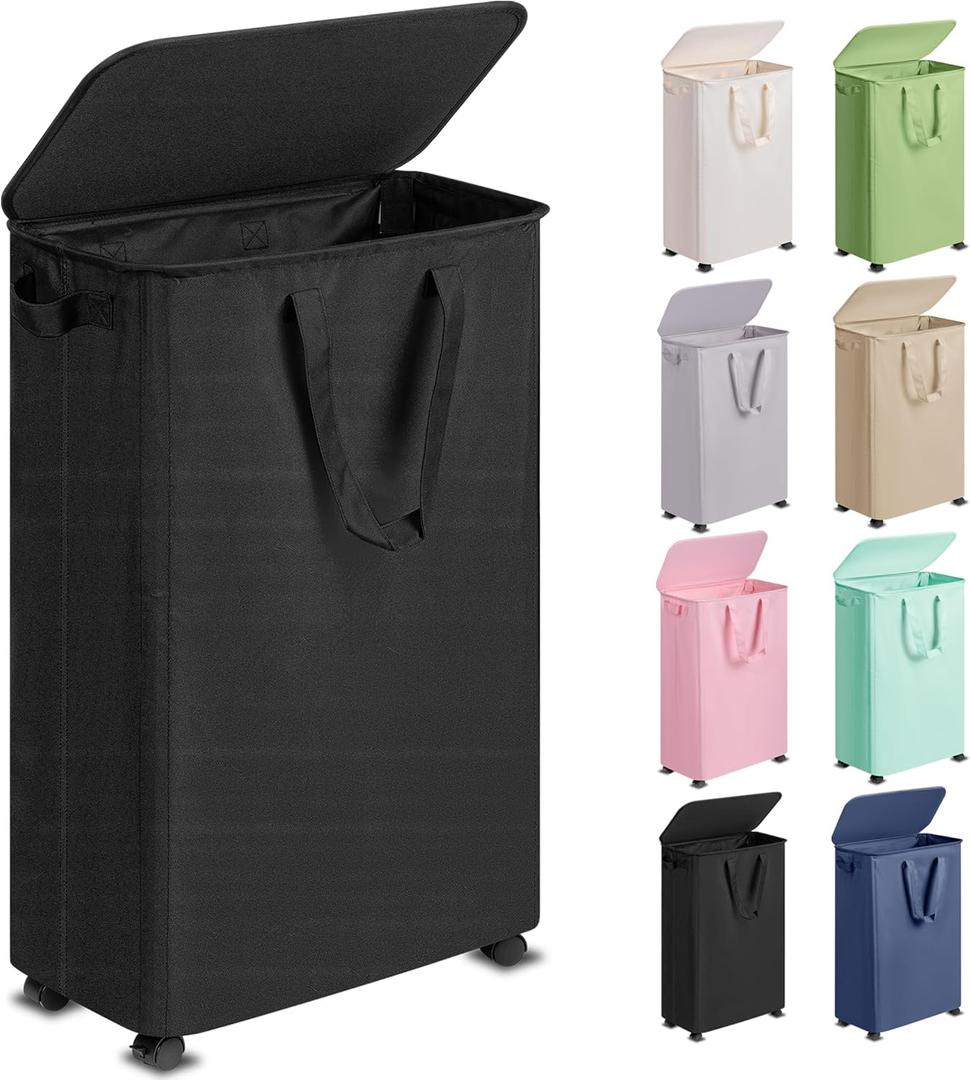 Slim Laundry Hamper with Lid and Wheels, Small Rolling Laundry Basket with Handle for Small Spaces, Tall Dirty Clothes Hampers for Dorm, Bathroom and Bedroom, 75L Black