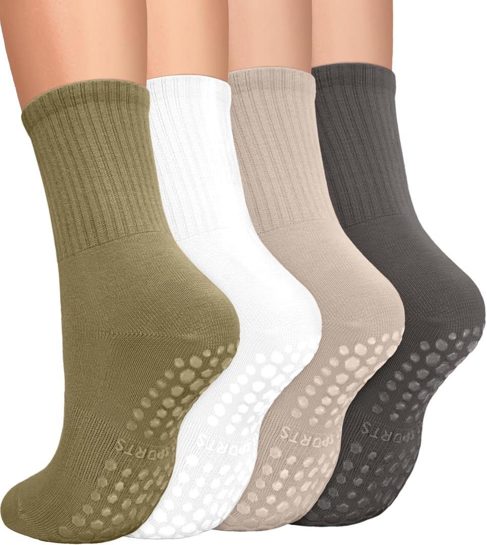 yeuG 4 Pairs Non Slip Pilates Socks with Grips for Women, Crew Grip Socks for Yoga, Barre, Hospital, Barefoot Workout (Small-Medium, C01-dark Grey/Beige/Army Green/White)
