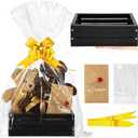Wonderjune Wooden Baskets for Valentine's Day Gifts Empty Wood Basket with Cellophane Bag Ribbon Greeting Card for Birthday Baby Shower Wedding Housewarming Gifts Packaging(Black, Small) (1 count (Pack of 4))