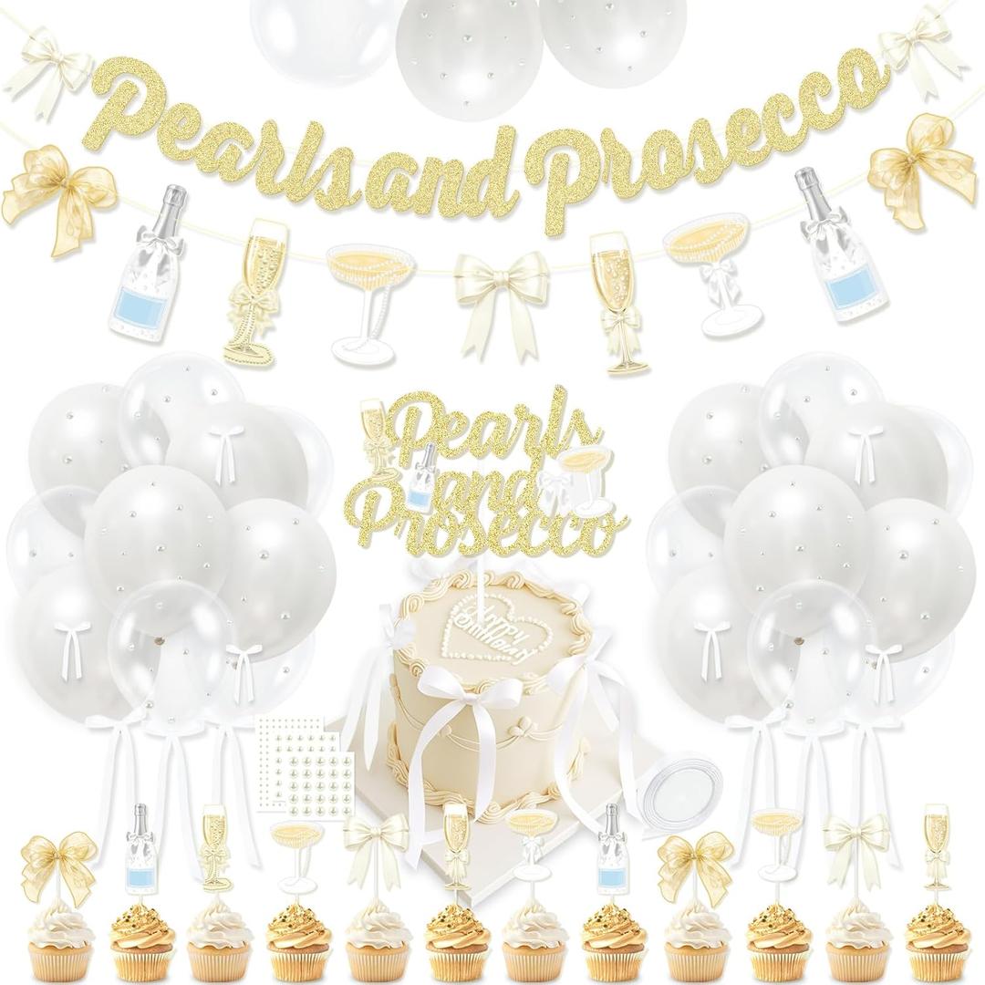 Pearls and Prosecco Bridal Shower Decorations, Bow Champagne Pearls & Prosecco Banner, Cake Toppers, Pearl White Balloons Pearl Stickers for Bows Pearls Wedding Bachelorette Bride to Be Party Supplies