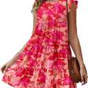 KIRUNDO Women's Summer Dresses Sleeveless Ruffle Sleeve Round Neck Solid Loose Short Flowy Pleated Mini Babydoll Dress (Small, Floral Rose Red)