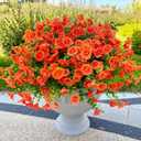 Artificial Flowers for Outdoor Decoration,16 Bundles Fake Silk Realistic Orange Morning Glory UV Resistant Faux Plastic Plants for Planter Porch Patio Yard Balcony(Orange Red)