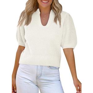 Saodimallsu Womens Puff Short Sleeve Sweater Top Waffle Knit V Neck Spring Summer Cropped Trendy Cute Shirts Blouses, M 