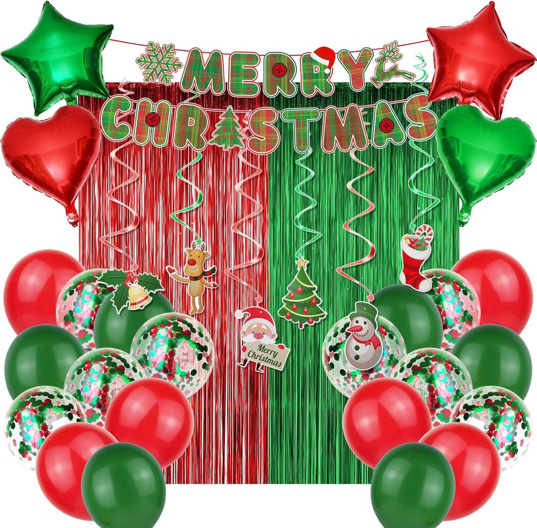 Christmas Party Decoration Supplies Christmas Balloons Merry Christmas Banner Hanging Swirls Red and Green Metallic Fringe Curtains Christmas Decor (Xmas 05)