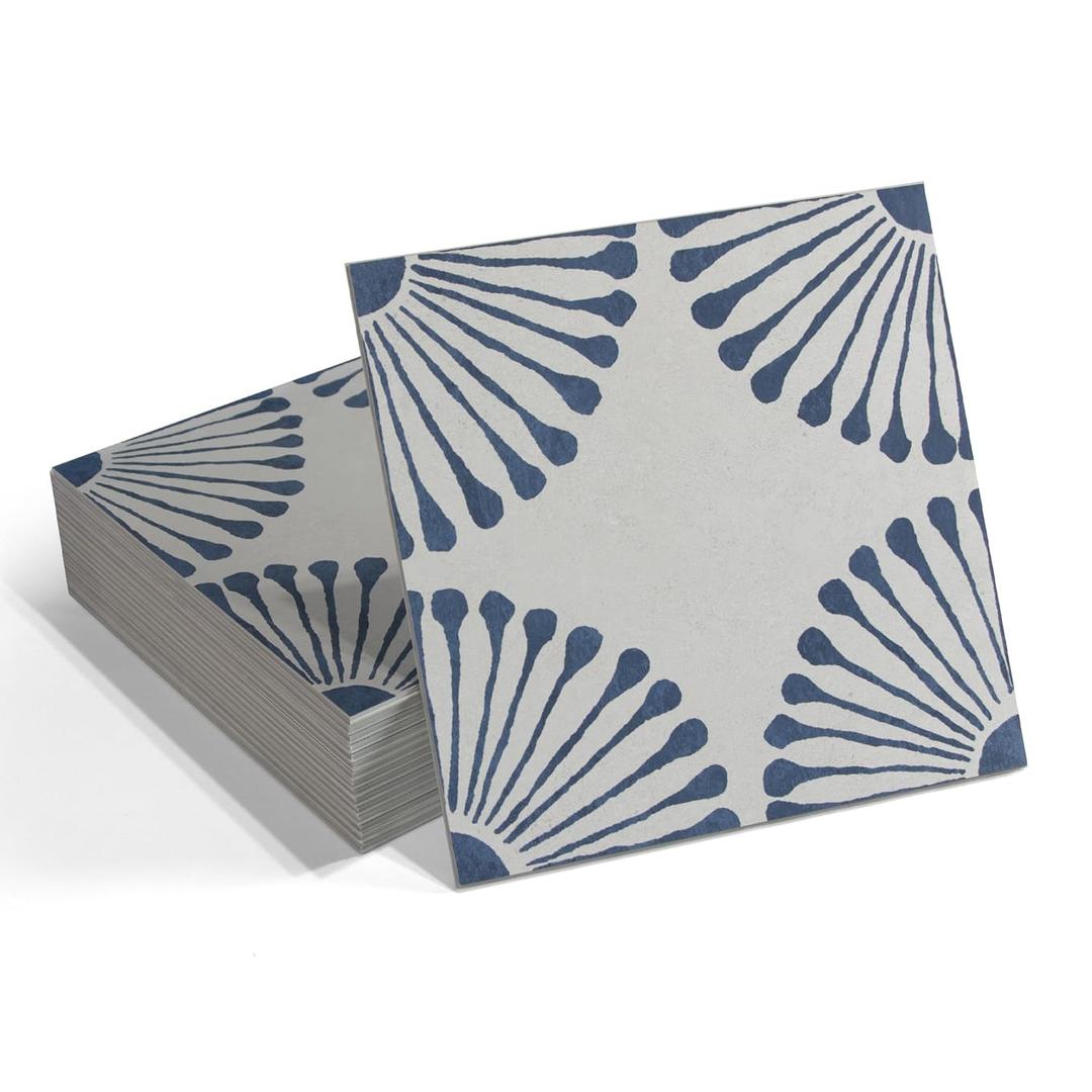 16-Sheet Peel and Stick Floor and Wall Tile, 9" x 9" Blue Stone Composite Self Adhesive Vinyl Flooring, Patterned Flower Groutable Backsplash Tile for Kitchen Bathroom Shower