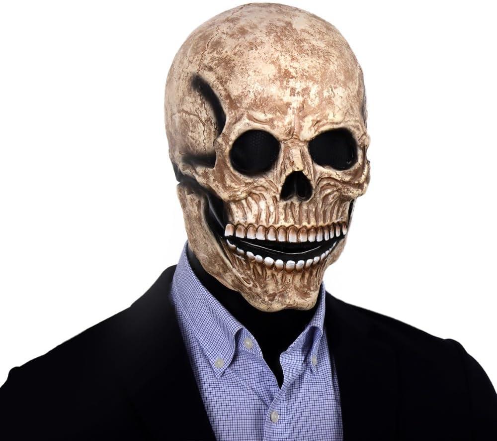 Realistic Creepy Halloween Full Head Skull Mask with Movable Jaw, Comfortable Fit (Dark)