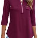 Halife Women's 3/4 Length Sleeve V Neck Flowy Tunic Blouses Work Tops Shirts with Zippers (Large, Burgundy)