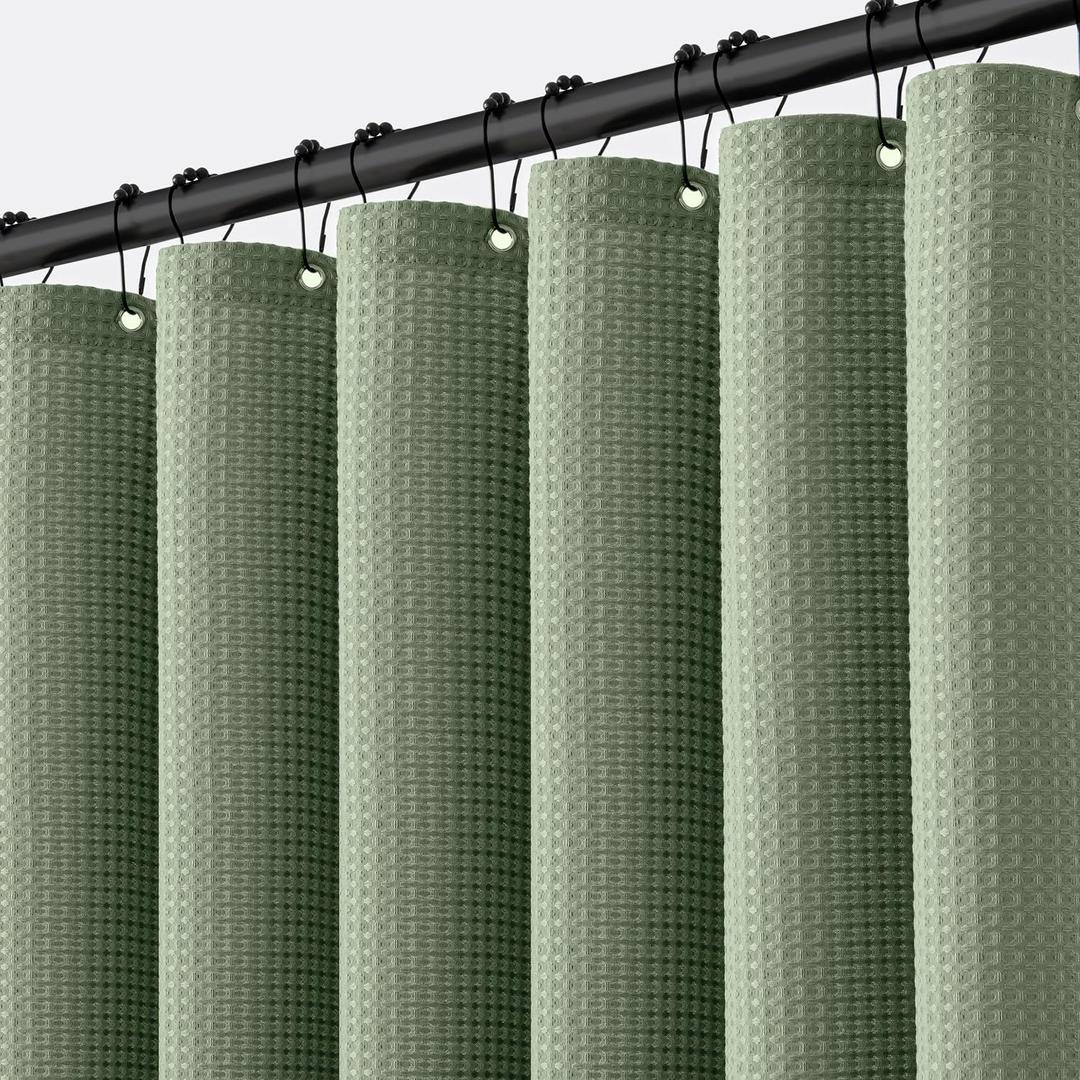 MIULEE Waffle Weave Fabric Shower Bath Curtain with 12 Metal Hooks 260GSM Heavy Duty Washable Waterproof Narrow Thick Cloth Shower Curtains Set for Bathroom Hotel, W72*L72, Sage Green