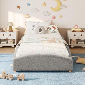 Garvee Twin Size Floor Bed Daybed for Kids, Upholstered Cloud Design Bed Frame with Raised Sides to Secure Mattress, Soft Teddy Fabric Low Profile Platform Bed for Toddler Boy & Girl, Light Grey