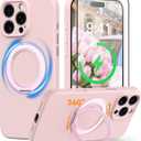 360 Magnetic for iPhone 16 Pro Max Case Silicone with Stand, Compatible with MagSafe, Rotatable Ring Kickstand Slim Rubber Drop-Proof Case with Tempered Glass Screen Protector 6.9", Pink