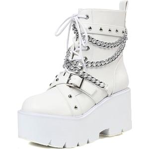 Mikarka Women's Chain Platform Boots Lace Up & Zipper Chunky Heel Black Combat Ankle Booties Fashion Studded Motorcycle Boots 7