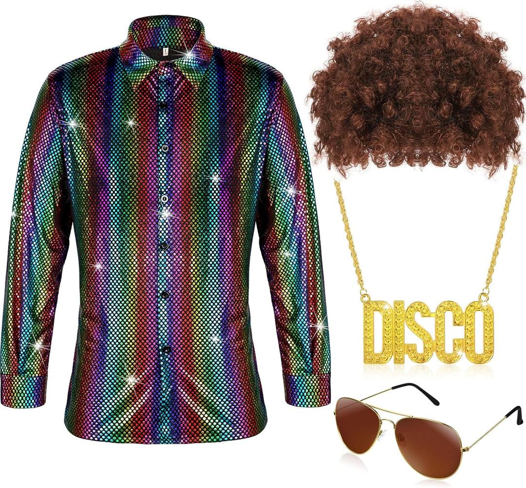 Sintege Men 70s 80s Disco Outfit Costume Set Sequin Shirt Wig Necklace Sunglasses for Halloween Mardi Gras 60s 90s Party(XL, Multicolor)