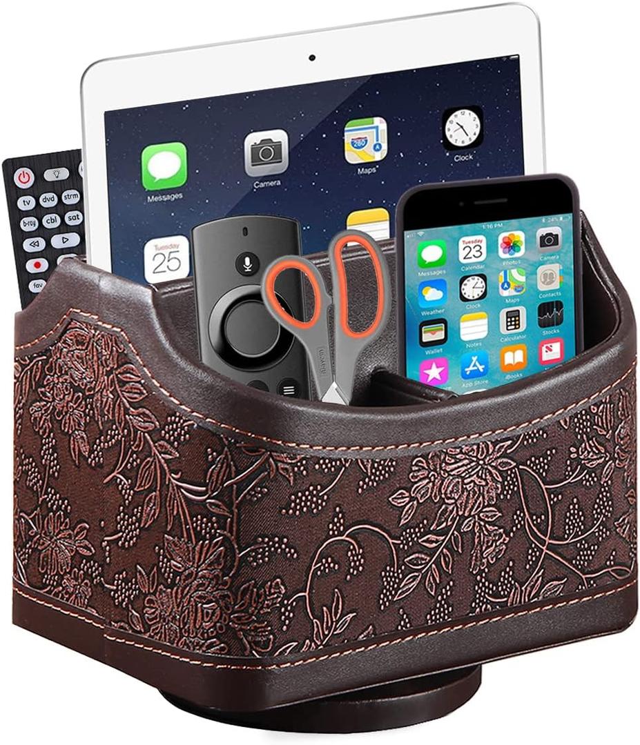 PU Leather Remote Control Organizer with 360 Spinning Design,Desk Organizer for TV Remote,Phone,Pen,Glasse,Mail,Tablet,Calculator,Controller-Home & Office Storage Caddy (Antique Brown)