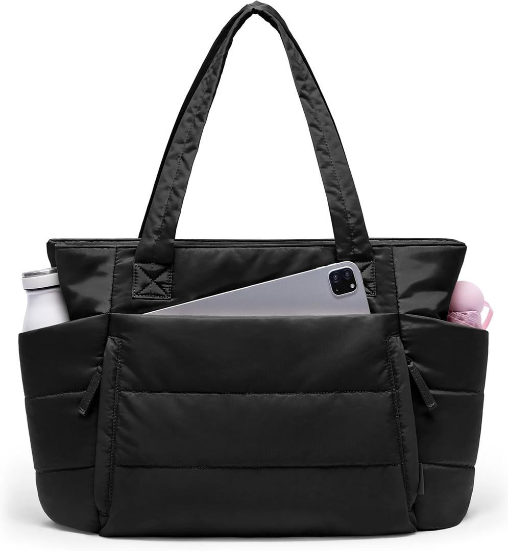 Tote Bag for Women with Zipper, Quilted Puffer Tote Bag with Compartments, Lightweight Puffy Work Bags for Women Travel (Black)