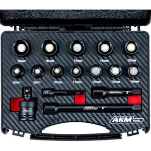 AKM TOOL 3/8 Inch Drive Magnetic Impact Socket Set, 16-Piece Metric, 8mm-19mm, 6 Point, Cr-Mo, Square Drive, Magnetic Socket with Drill Bit Adapter, Universal Joint & Extension