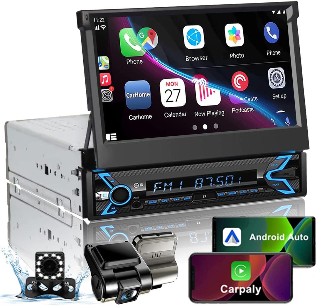 Naifay Single Din Car Stereo with Dash Cam & Backup Camera, 7INCH Flip Out Single Din Touchscreen Car Stereo with Apple Carplay & Android Auto, Car Audio Receivers Bluetooth Mirrorlink FM Car Radio