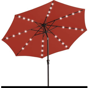 JEAREY 9FT Outdoor Patio Umbrella with Solar Lights, LED Lighted Pool Umbrella with Tilt and Crank, Outdoor Table Umbrellas for Deck, Yard & Market (Red)