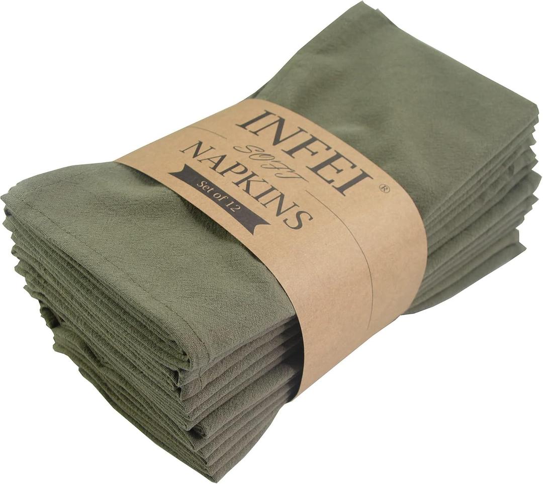 INFEI Plain Color Dinner Cloth Napkins, Set of 12 (16.9 x 16.9 Inches), Reusable Cotton Kitchen Table Napkin, for Cocktail Parties, Weddings, Hotel & Home Use (Army Green)