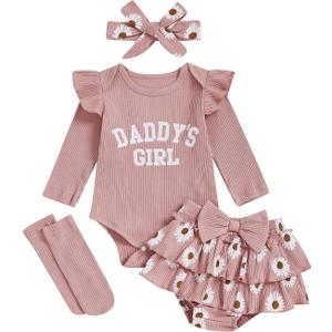 Aunties Bestie Baby Clothes Daddys Girl Newborn Short Sleeve Romper Daisy Skirt Shorts 3Pcs Set Infant Spring Outfit (Pink)