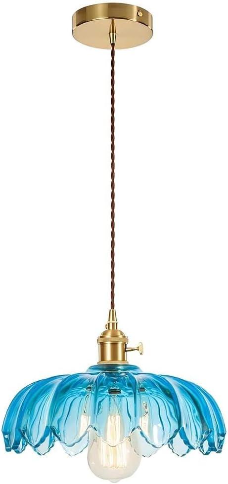 Vintage Pendant Lights Blue Mid Century Modern Pendant Lamp with Glass Shade Nordic 1-Light Farmhouse Chandelier Ceiling Hanging Light Fixtures for Dining Room Bedroom (25cm)