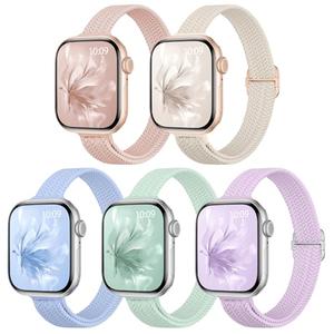 5 Pack Slim Braided Stretchy Bands Compatible with Apple Watch Band 40mm 41mm 42mm 38mm 44mm 45mm 46mm 49mm Women Men, Thin Elastic Nylon Solo Loop Straps for iWatch Series 10 9 8 7 6 5 4 3 11 SE 2/1
