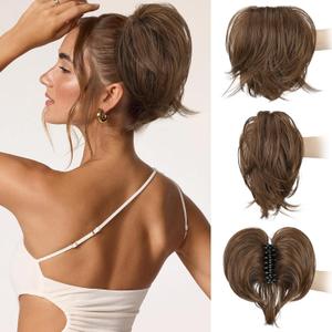 BOGSEA Claw Clip Ponytail Hair Extension - 8 Inch Short Ponytail DIY Bendable Wires Hair Piece for Women Synthetic Fake Ponytails Daily Use -Chocolate Brown With Golden