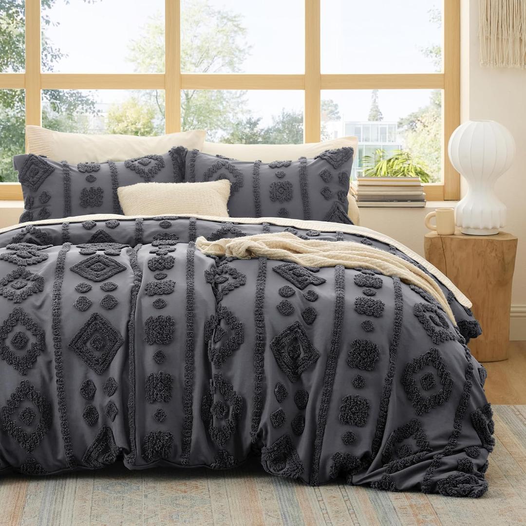 Bedsure Boho Duvet Cover Queen Size - Dark Grey Tufted Boho Bedding, Farmhouse Shabby Chic Embroidery Bedding for All Seasons, 3 Pieces, 1 Soft Jacquard Queen Comforter Cover and 2 Pillow Shams (Queen (90" x 90"))