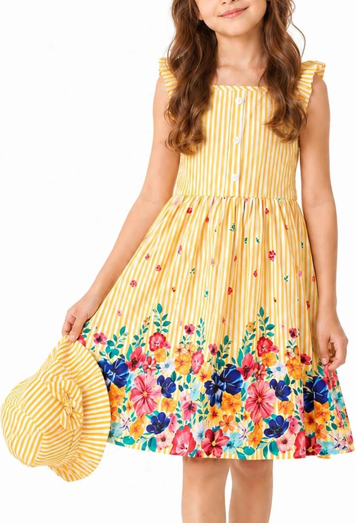 Girls Floral Sundress Summer Beach Dress with Matching Sun Hat Yellow 11-12 Years
