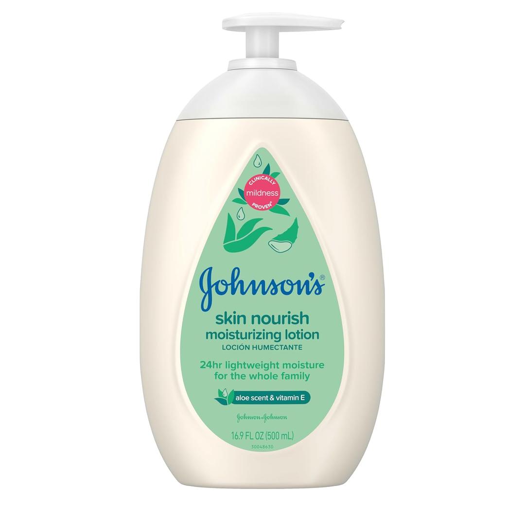 Johnson's Skin Nourish Moisturizing Baby Lotion with Aloe Vera Scent & Vitamin E, Gentle & Lightweight Body Lotion for the Whole Family, Hypoallergenic, Dye-Free, 16.9 fl. oz