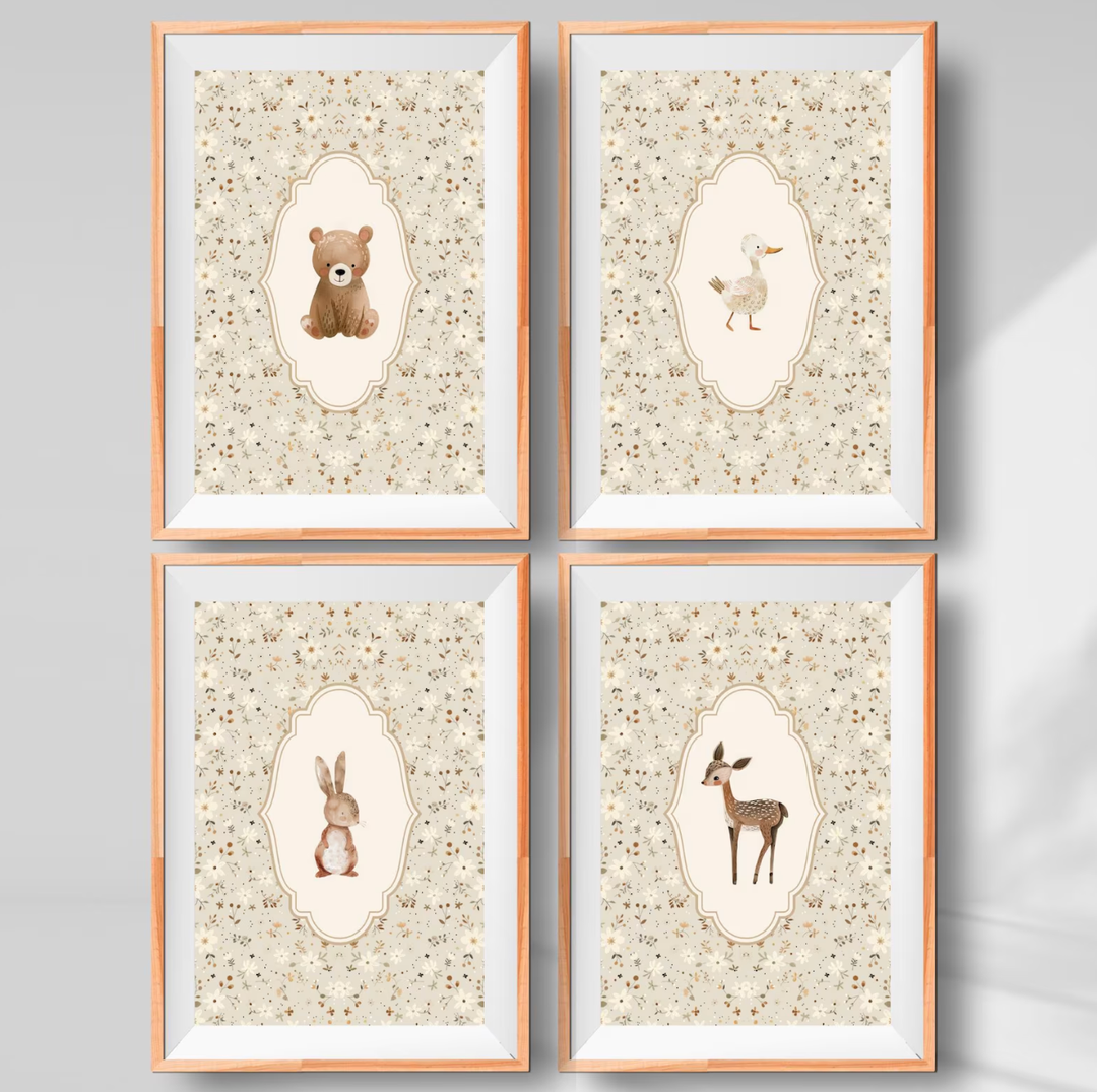 Bunny Nursery Print Set, Duck Nursery Print, Bear Deer Woodland Nursery, Neutral Nursery Decor, Vintage Nursery Decor, Cottagecore Nursery,  23.5x15.5 Inches