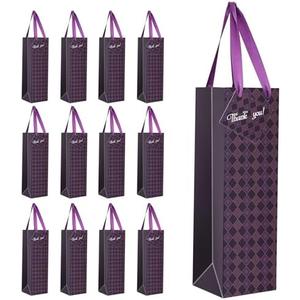 BINWISH Wine Bags, 5 Packs, Strong Card Paper Wine Gift Bag with Ribbon Handles and Thank You Card, 4-3/8x 4 x 14" Fit 750ml Wine Bottle or Champagnes - Purple