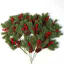 20pcs Red Berry Stems Pine Branches Christmas Berries Dcor Artificial Pine Cones Branch Craft Wreath Pick & Winter Holiday Floral Picks Holly Stem for Decoration DIY Xmas Garland Crafts