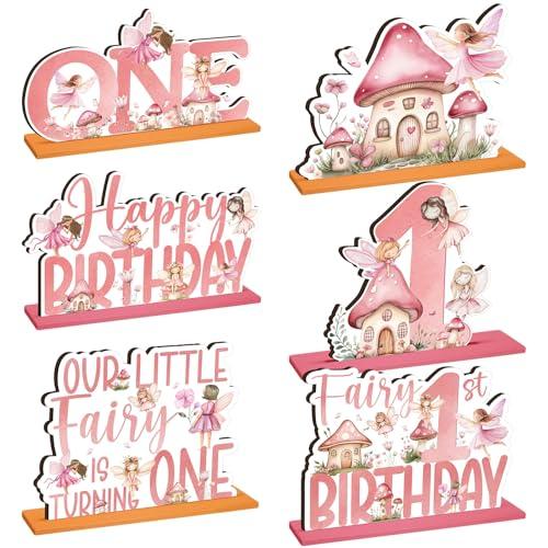 CroBlissful 6 Pcs Fairy First Birthday Decorations Wood Fairy Table Sign Decor Forest Baby Shower Centerpieces Flower Mushroom First Birthday Decoration Supplies Enchanted Party Table Topper