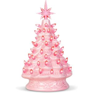 Joiedomi 12" Pink Ceramic Christmas Tree, Prelit Tabletop Christmas Tree Decoration with Extra Pink Top Star & Bulbs with LED Lights for Best Desk Decoration Xmas Tabletop Decor Indoor Home