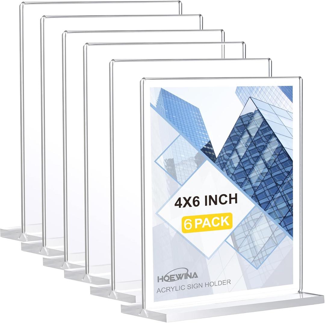 Acrylic Sign Stands 4 x 6 Inch 6 Pack - Clear Display Sign Holders, Vertical Double-Sided Acrylic Frame, Flyer Paper Holder for Store, Vendor Booth & Home & Restaurants & Office