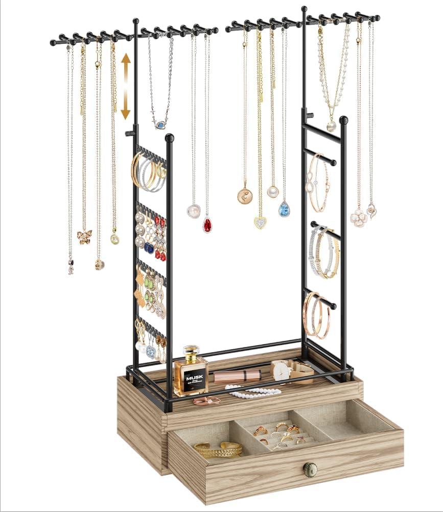 MODOWEY Metal Jewelry Holder Organizer Stand for Earring Bracelet Ring, Necklace Display Tree with Wood Drawer, Extra Large Storage Rack for Women Men, Tall Hanger Tower for Dresser Space-Saving Oak