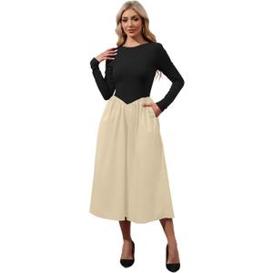 Womens Boat Neck Long Sleeve Maxi Dress Drop-Waist Midi Dress Casual Slim Fit Flared Flowy Swing Long Dresses Black Apricot