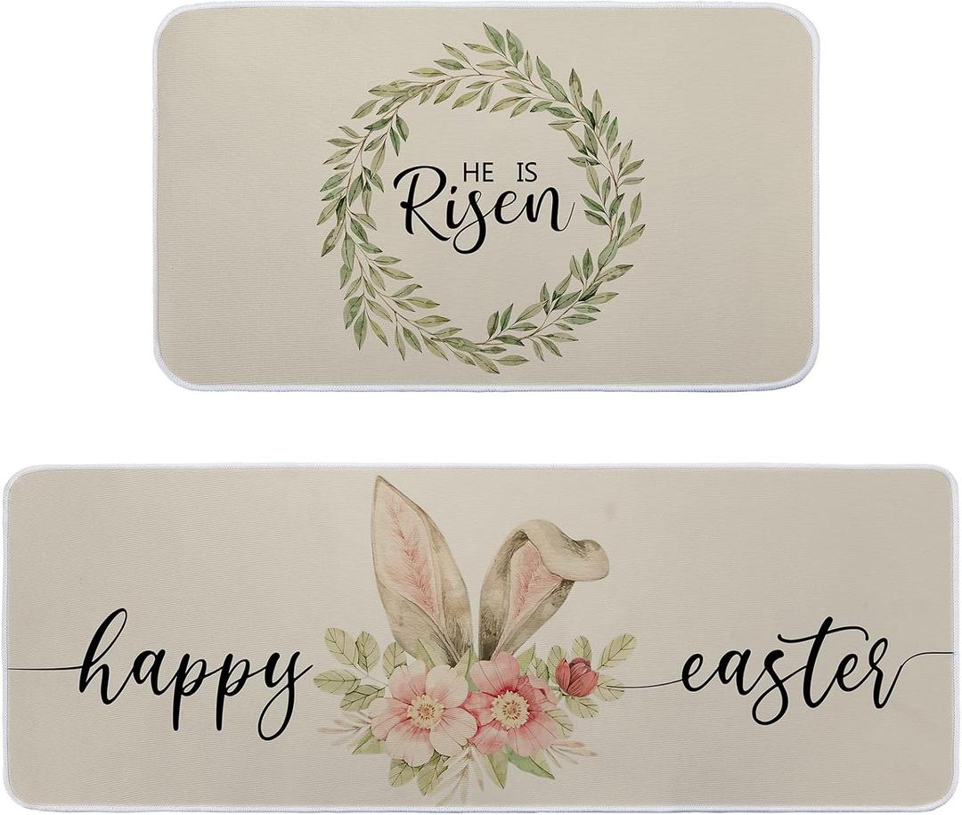 Riakrum 2 Pcs Easter Kitchen Rug Easter Kitchen Mat Set Cute Bunny Rabbit Ears Rug Doormat He is Risen Spring Floral Mat Non Slip for Indoor Outdoor Entrance Floor 17 x 29 and 17 x 47 Inch