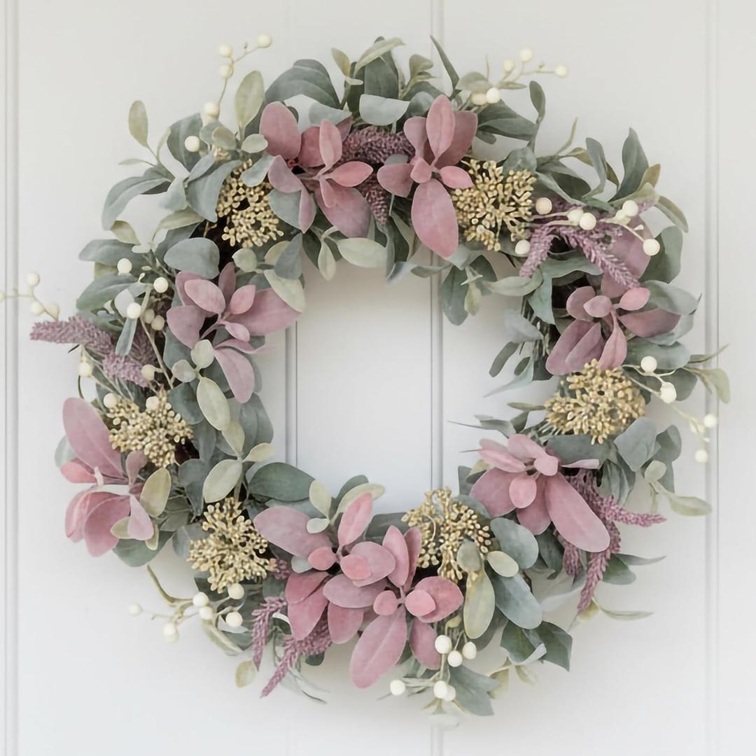 26" Lambs Ear Wreath for Front Door, Artificial Spring Wreath with White Berries, Wheat Ears, Holly Flowers, Christmas Wreaths for Winter Spring Wedding Home Year Round Indoor/ Outdoor Decor