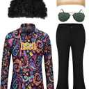 Mepase 6 Pcs Men 70s Disco Costumes Include Retro Shirt Bell Bottom Pants Wig Sunglasses Necklace Wig Cap for Disco Party (Black)