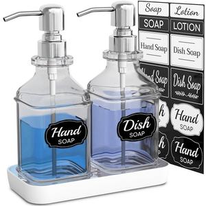 Soap Dispenser - 2 Pack, Antique Design Thick Glass Hand Soap Dispensers with Sturdy Tray; 304 Rust Proof Stainless Steel Silver Pump, 12Pcs Stickers, for Kitchen, Bathroom