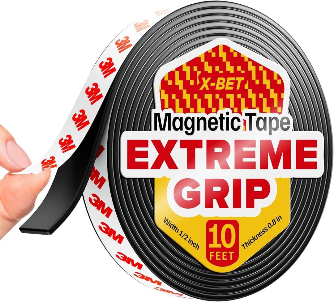 Super Sticky Magnetic Tape (10 feet x 1/2 inch) - Stong Magnet Strip with Adhesive Backing for DIY & Crafts - Easy to Cut and Mount on Fridges, Whiteboards & More