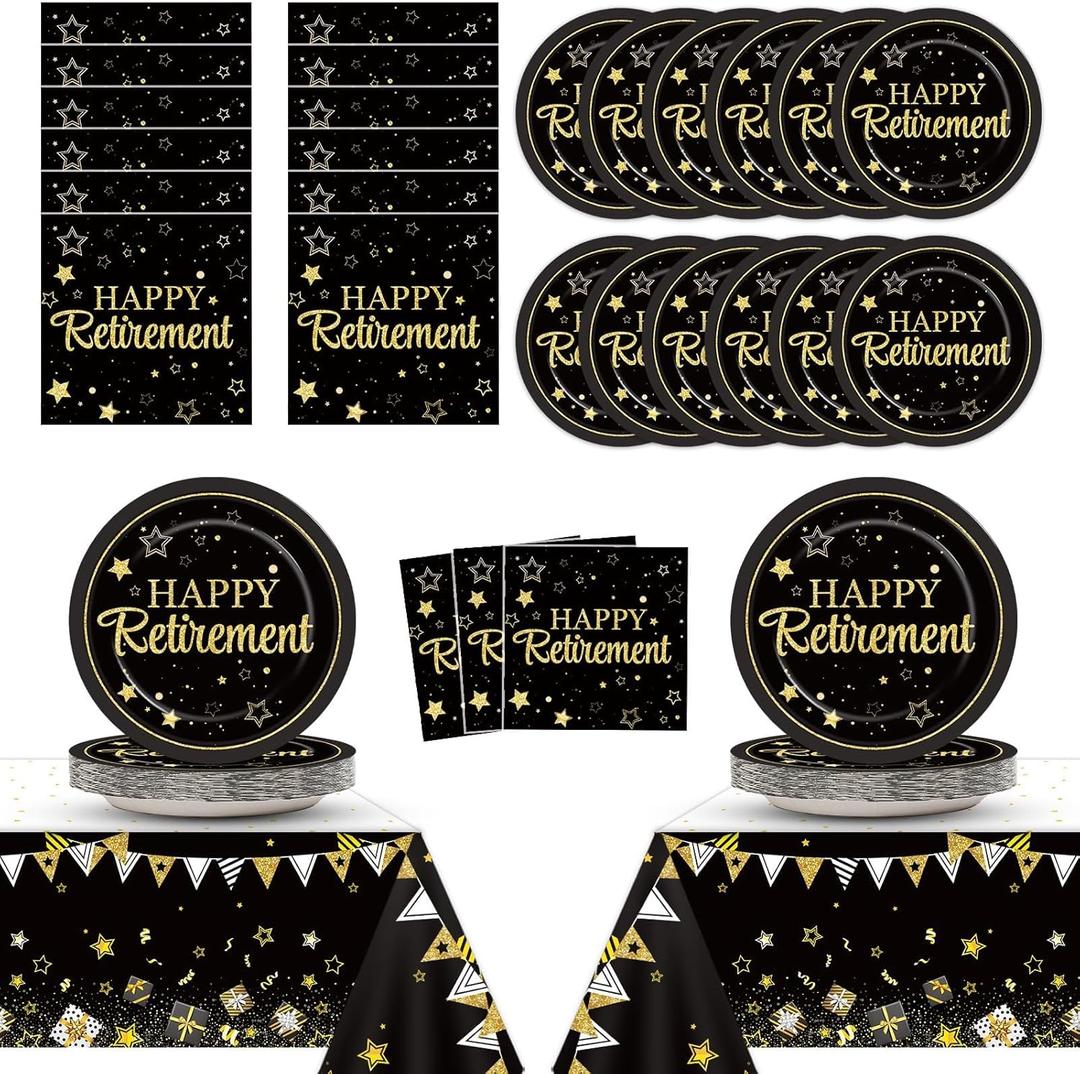 Happy Retirement Party Supplies Set Serves 48 Guests, Black and Gold Plates & Napkins with Tablecloths for Men & Women, Teacher Coworkers Nurse Farewell Say Goodbye Party Table Decorations