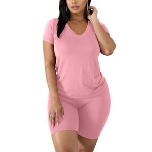 Women's Causal 2 Piece Outfits Workout V Neck Tops Shirt Sexy Legging Biker Shorts Set Size M