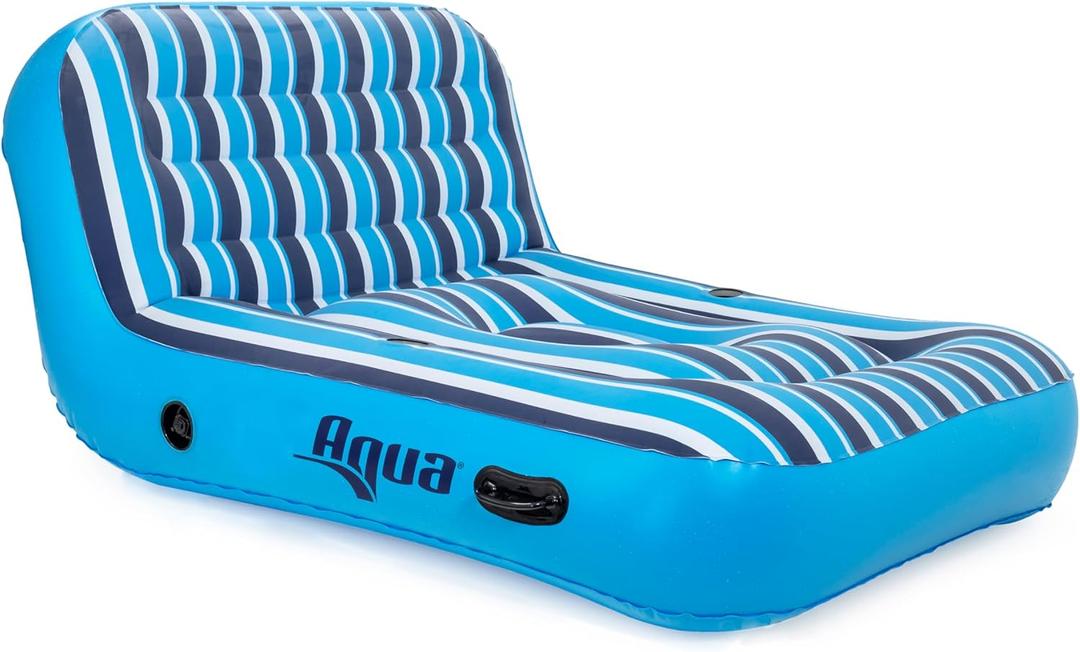 Aqua Ultra-Comfort Floating Pool Chair & Lake Raft with Pillow – 2-Person Heavy Duty Pool Float, Lake Floating Chair – Navy/White Stripe