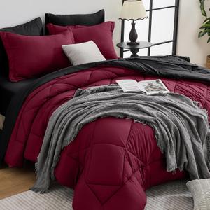 HEVUMYI Red & Black Twin Comforter Set - 5-Piece All Season Bed in a Bag Twin, Ultra Soft Burgundy Bedding Set with Comforter, Flat Sheet, Fitted Sheet, Pillowcases, Pillow Shams, Burgundy Red & Black