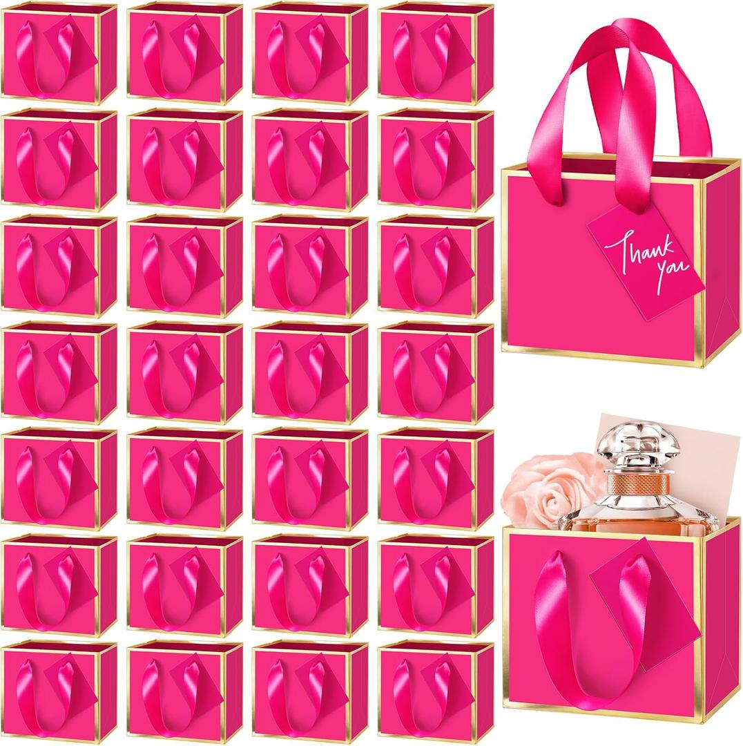 Yeaqee 50 Pcs Mini Metallic Gift Bags with Handles 4x4.75x2.25'' Tiny Thank You Favor Bag with Tag for Women's Day St. Patrick's Wedding Spring Easter Welcome Baby Shower Birthday (Hot Pink,Gold)