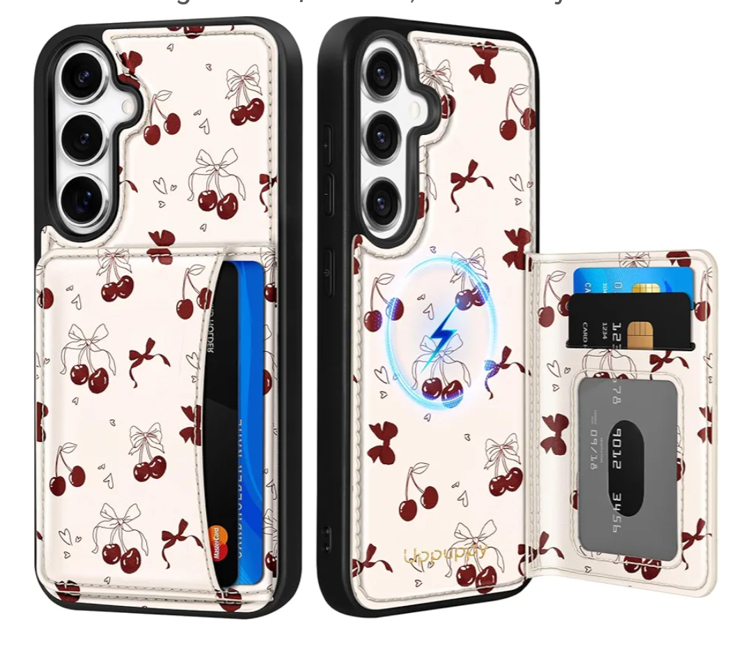 for Samsung Galaxy S25Plus/S24Plus Case with Wallet - Fits 4 Card Slots, Compatible with MagSafe for Women Leather Credit Card Holder Kickstand Cover for Samsung S25Plus/S24Plus, Bow Cherry